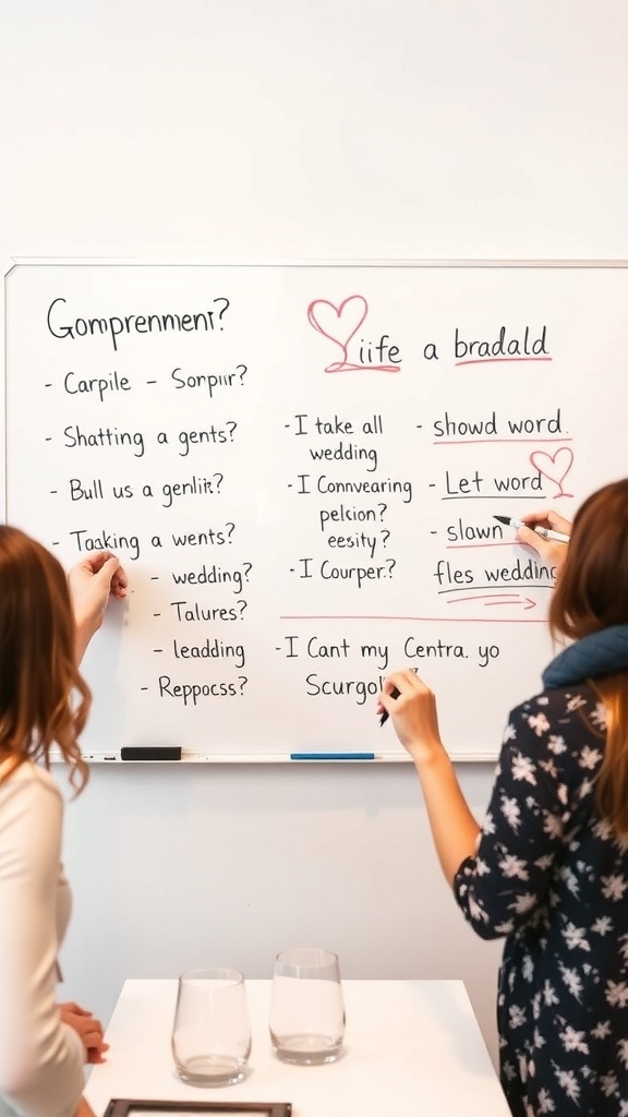 Two women writing on a whiteboard with wedding-themed words for a bridal shower game.