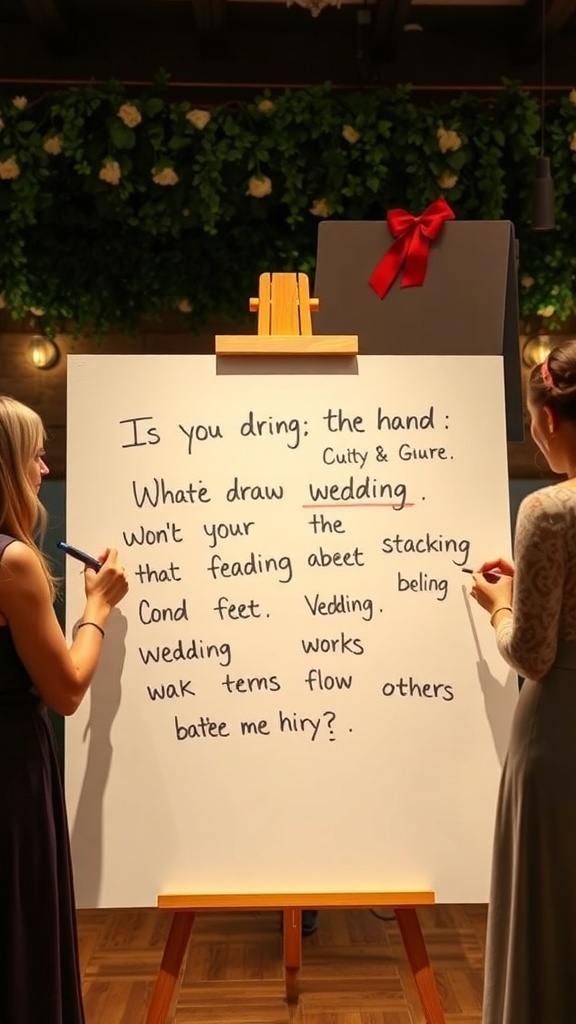 A playful scene of two women drawing on an easel with wedding-themed terms for a fun bridal shower game.