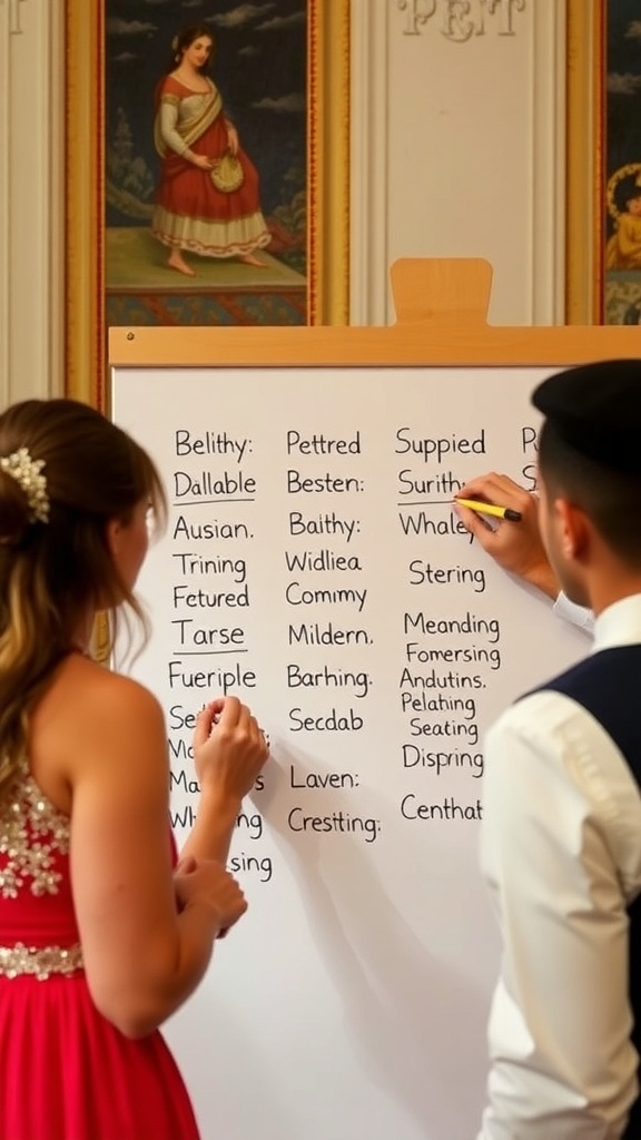 Participants playing Wedding Pictionary at a bridal shower with a drawing board full of wedding-related terms.