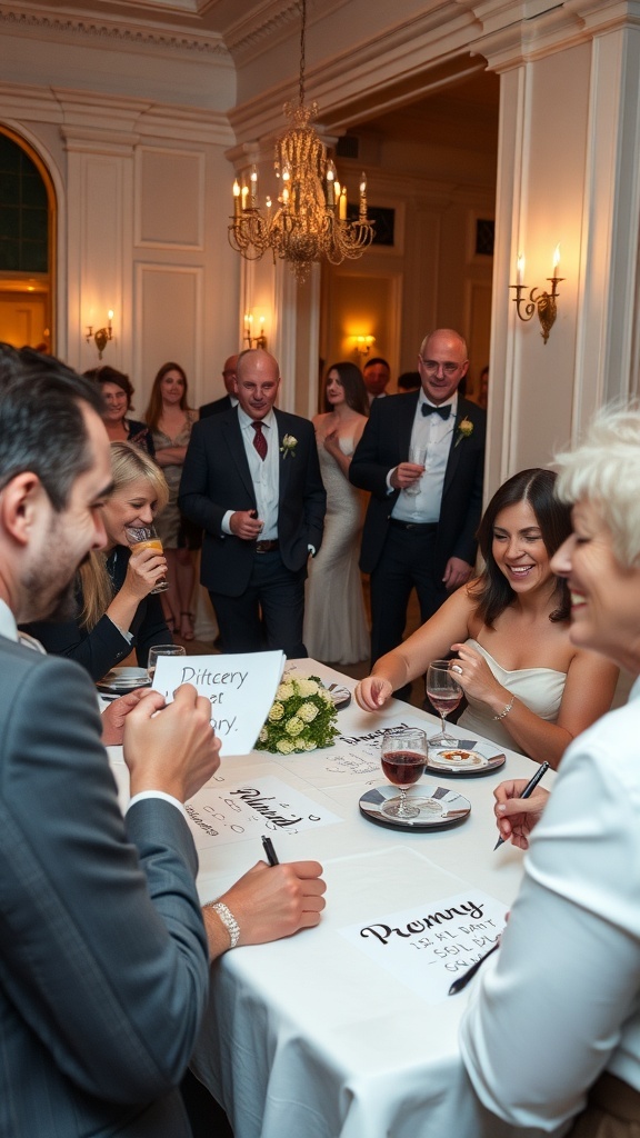 Guests playing Wedding Pictionary during the reception with a table of drawing materials and a lively atmosphere.