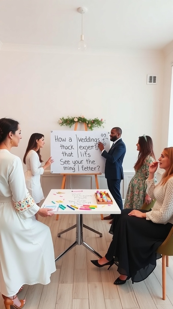 A group of people engaged in a game of Wedding Pictionary with a whiteboard in a bridal shower setting.