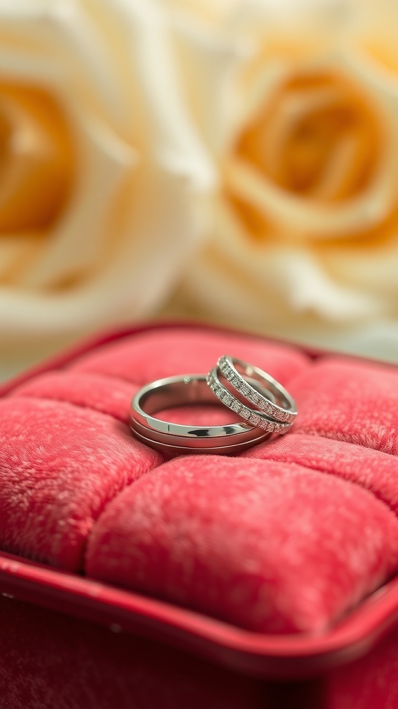 Beautiful wedding rings on a plush red cushion with roses in the background