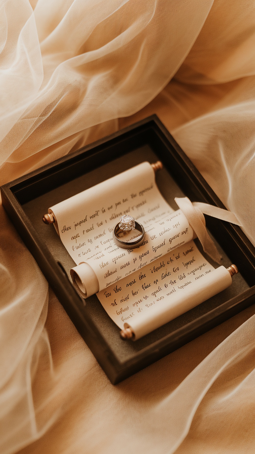 A shadow box displaying wedding rings and handwritten vows on parchment.