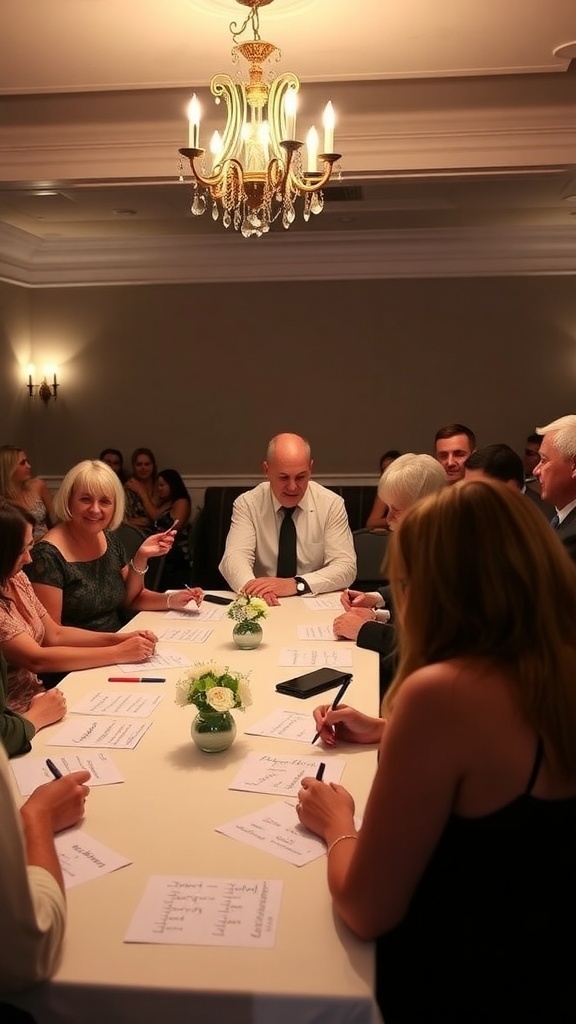 Guests engaged in a game of Wedding Scattergories at a bridal shower event.