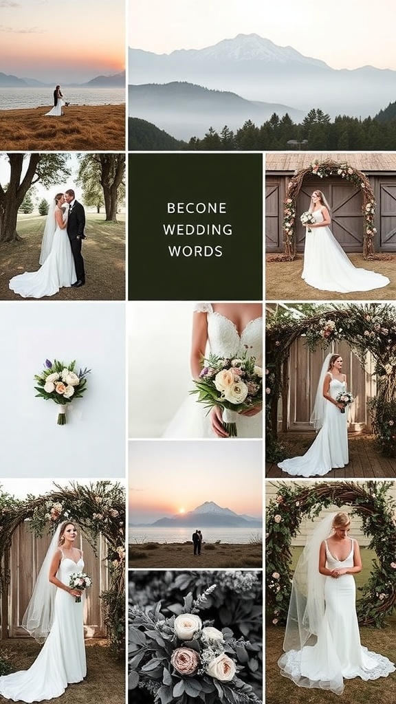 Collage of wedding images showcasing various themes, styles, and floral arrangements.