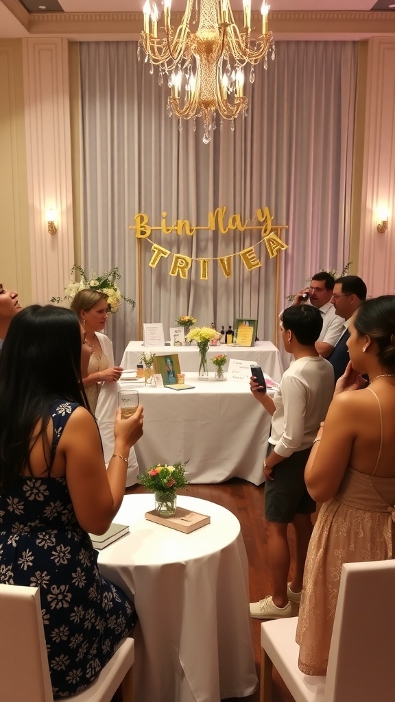 Guests participating in a wedding trivia challenge at a bridal shower