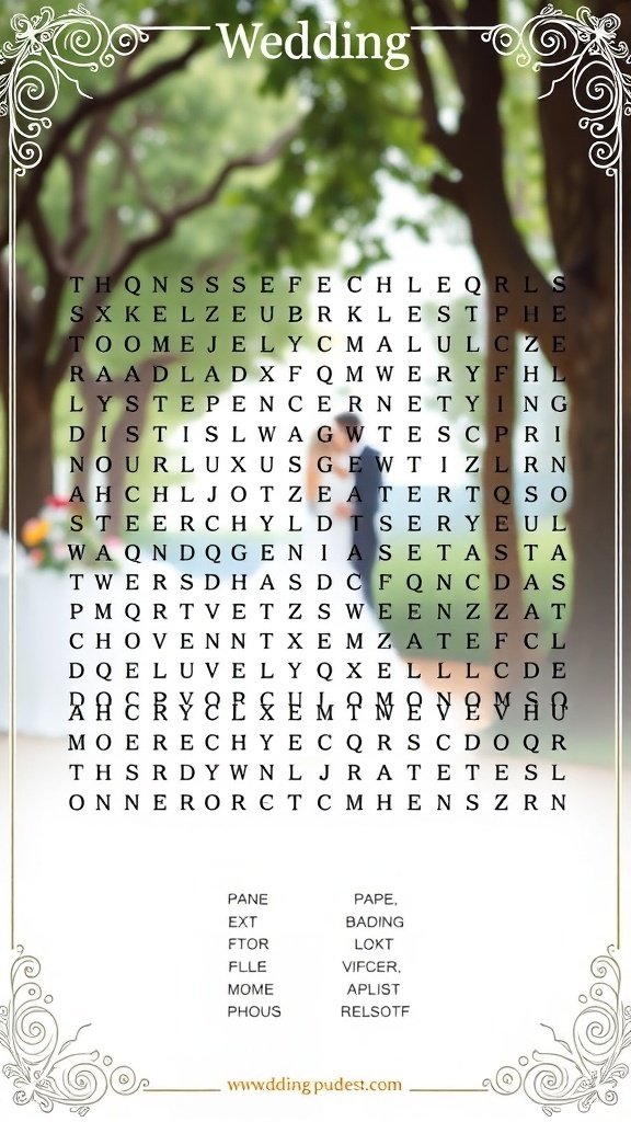 A wedding-themed word search puzzle with various wedding-related terms mixed within a grid of letters.