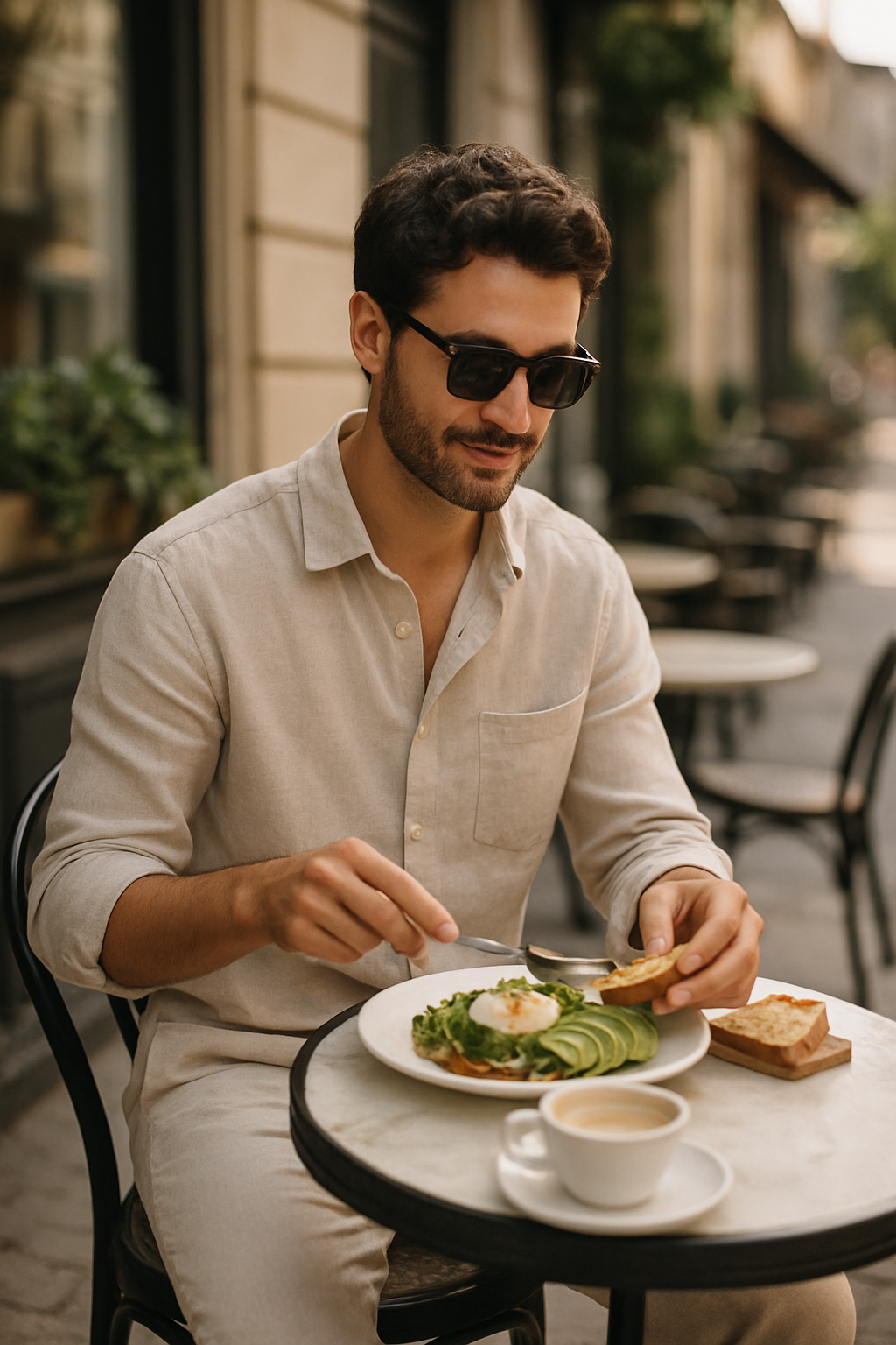 Man wearing linen pants enjoying brunch at an outdoor cafe