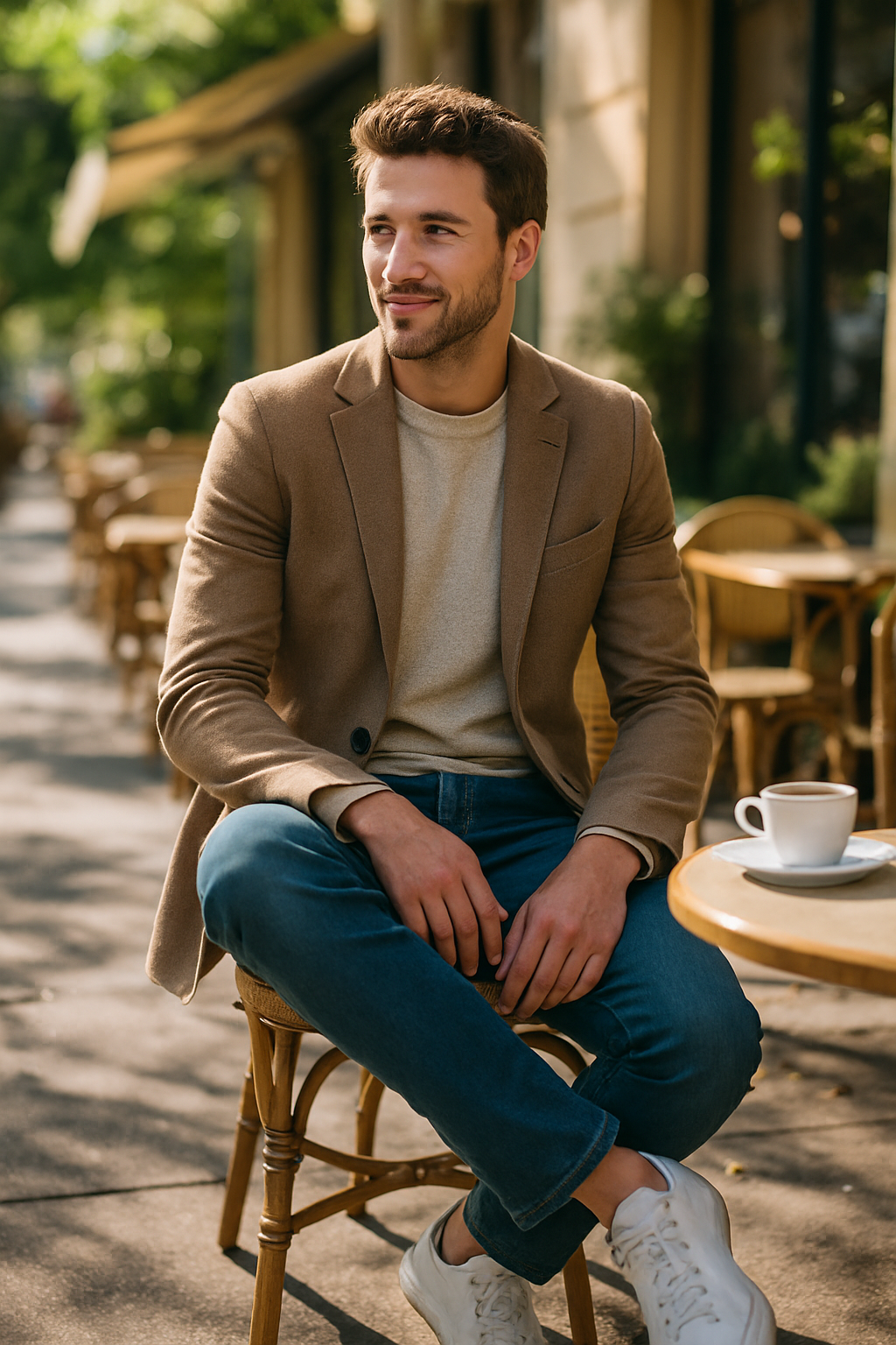 A man sitting at a café wearing a blazer, sweater, and sneakers, enjoying a coffee.