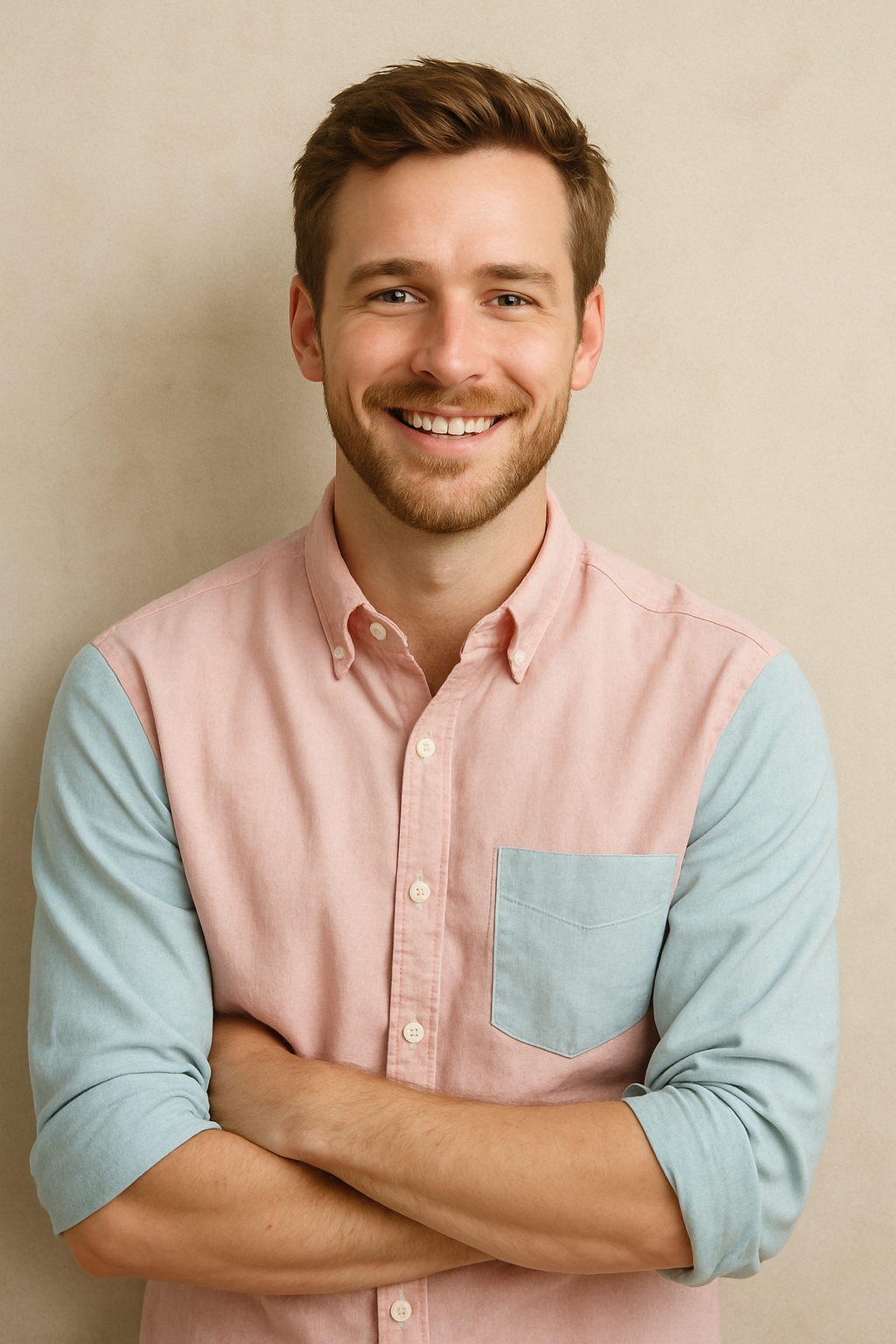 A man in a brown blazer and dark sweater, standing outdoors, dressed for a weekend brunch.