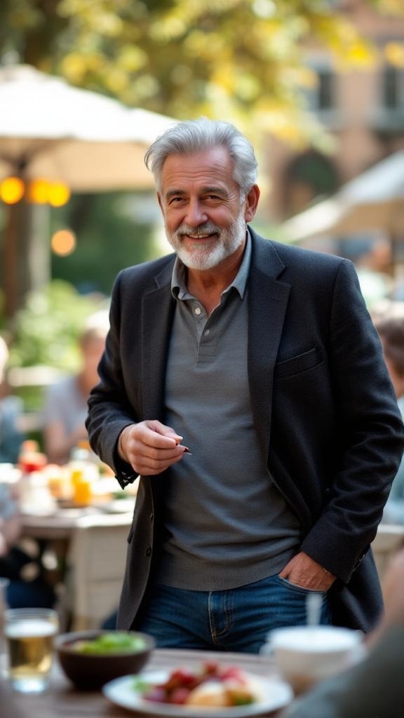A man in a casual blazer at a brunch setting, smiling and enjoying the atmosphere.