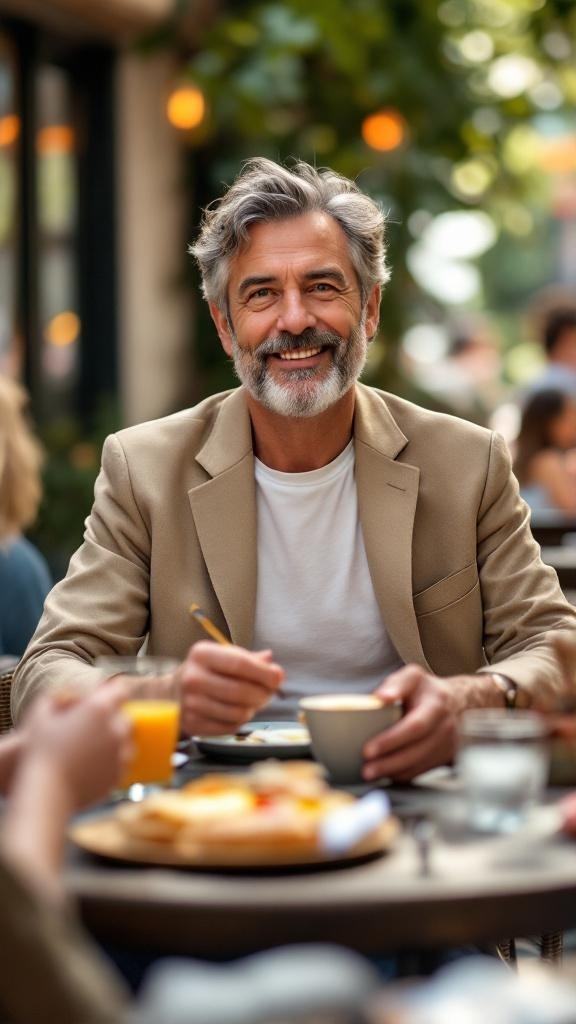 A man enjoying brunch wearing a beige blazer and a casual tee, smiling at the camera.