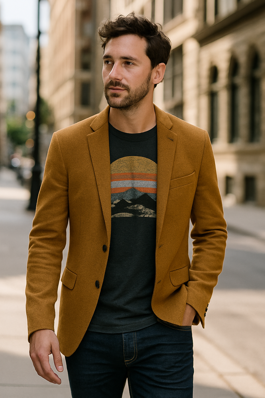 A man wearing a mustard blazer over a black graphic t-shirt with jeans, walking in a city setting.