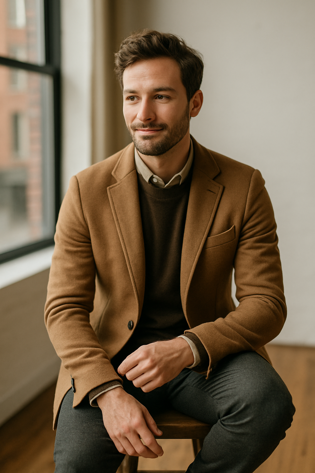 A man in a cozy outfit featuring a hoodie and blazer, sitting comfortably.