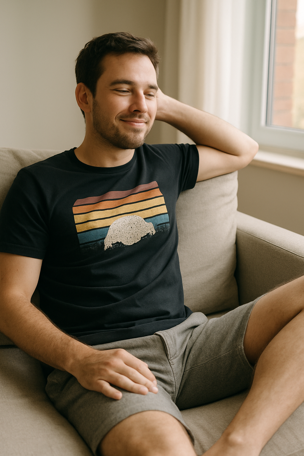 A man relaxing on a couch wearing a black graphic tee and gray shorts.