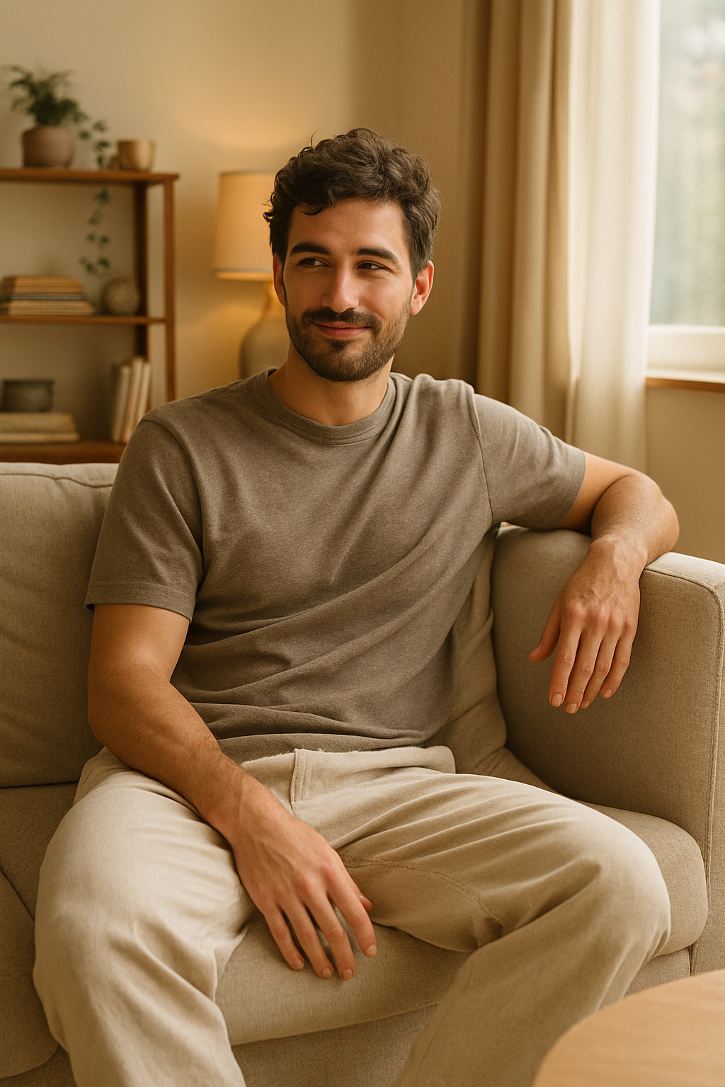 A man sitting comfortably on a sofa wearing a relaxed t-shirt and trousers.
