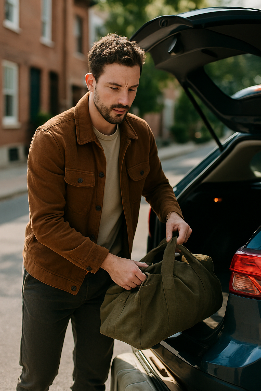 A man wearing a brown jacket and holding an olive green duffel bag, preparing for a weekend getaway.