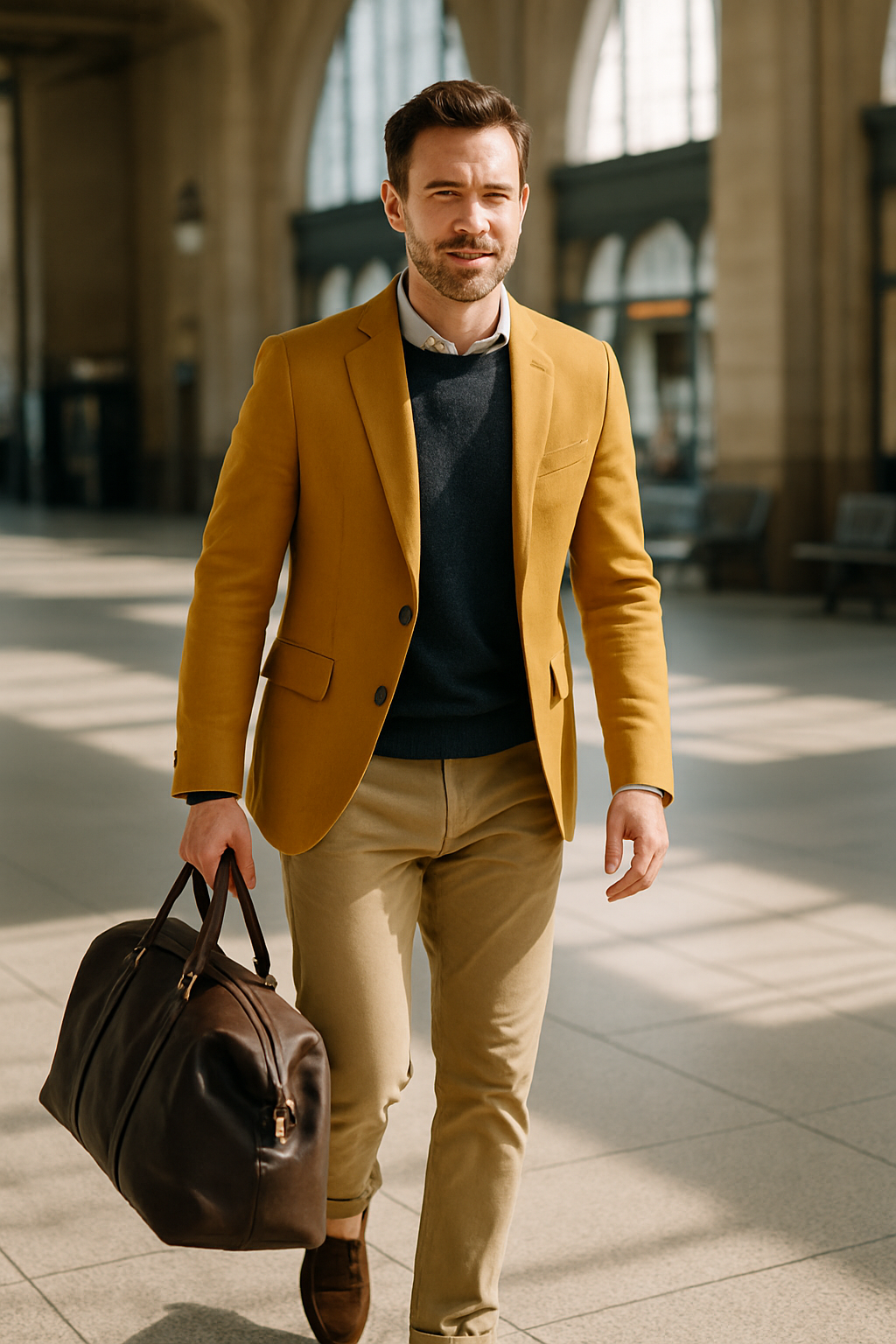 Man wearing a yellow blazer, navy sweater, and light chinos, carrying a brown leather bag.