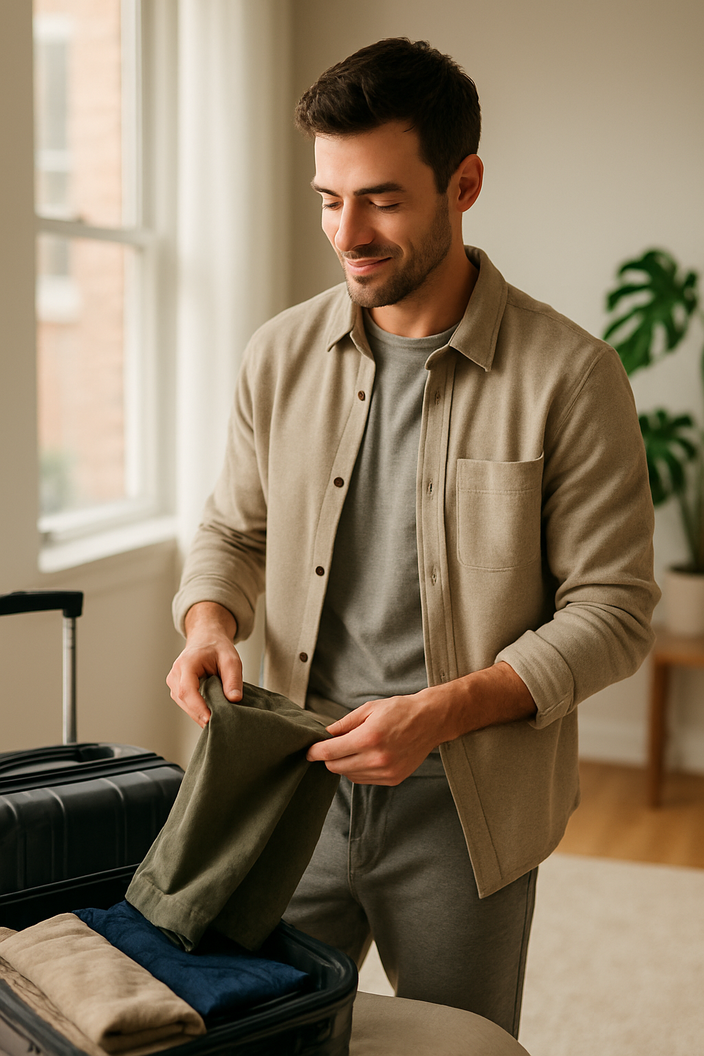 A man packing sweatpants into a suitcase, smiling and looking relaxed.