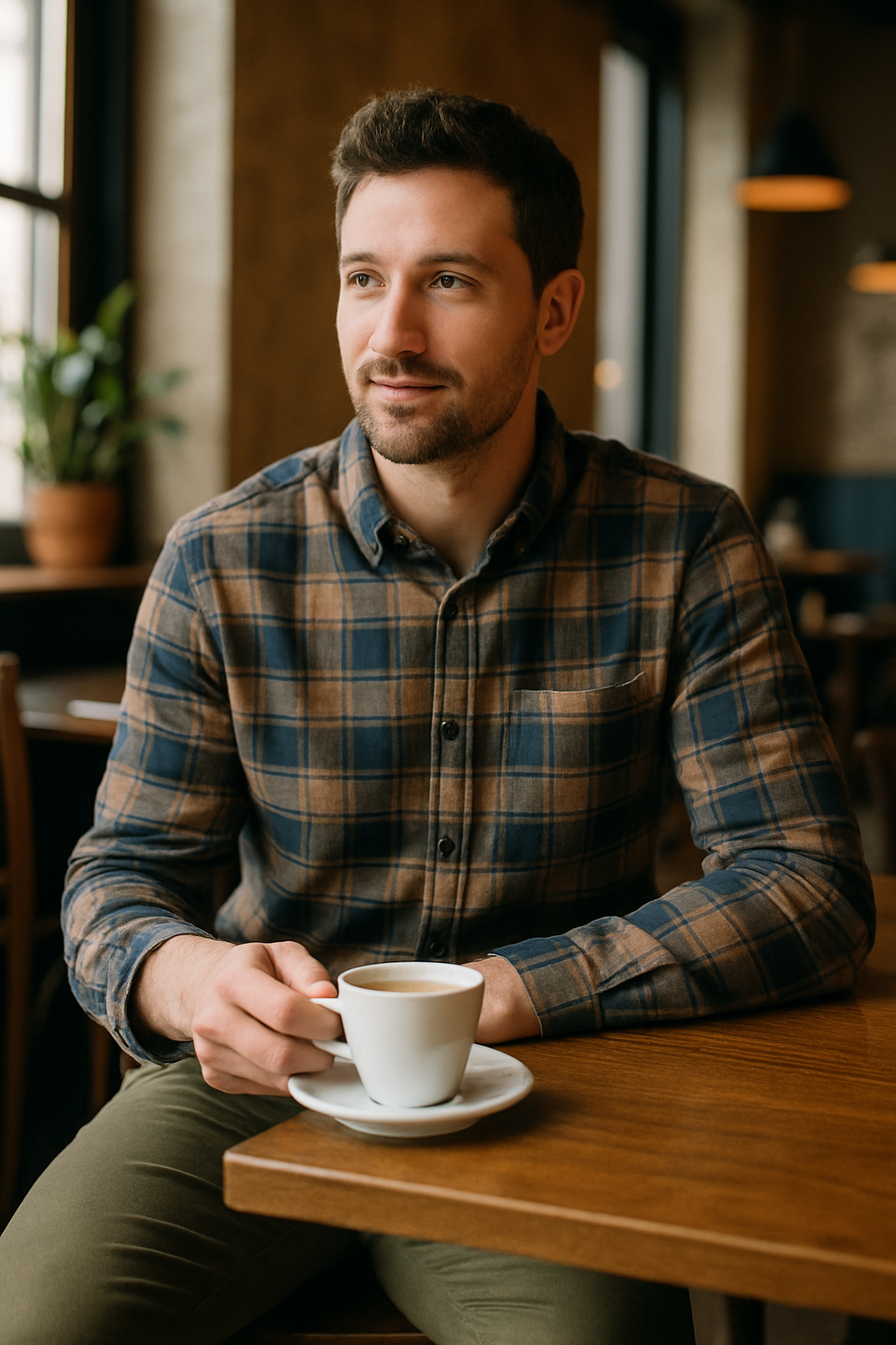 A man sitting in a café, wearing a plaid shirt and chinos, holding a cup of coffee.
