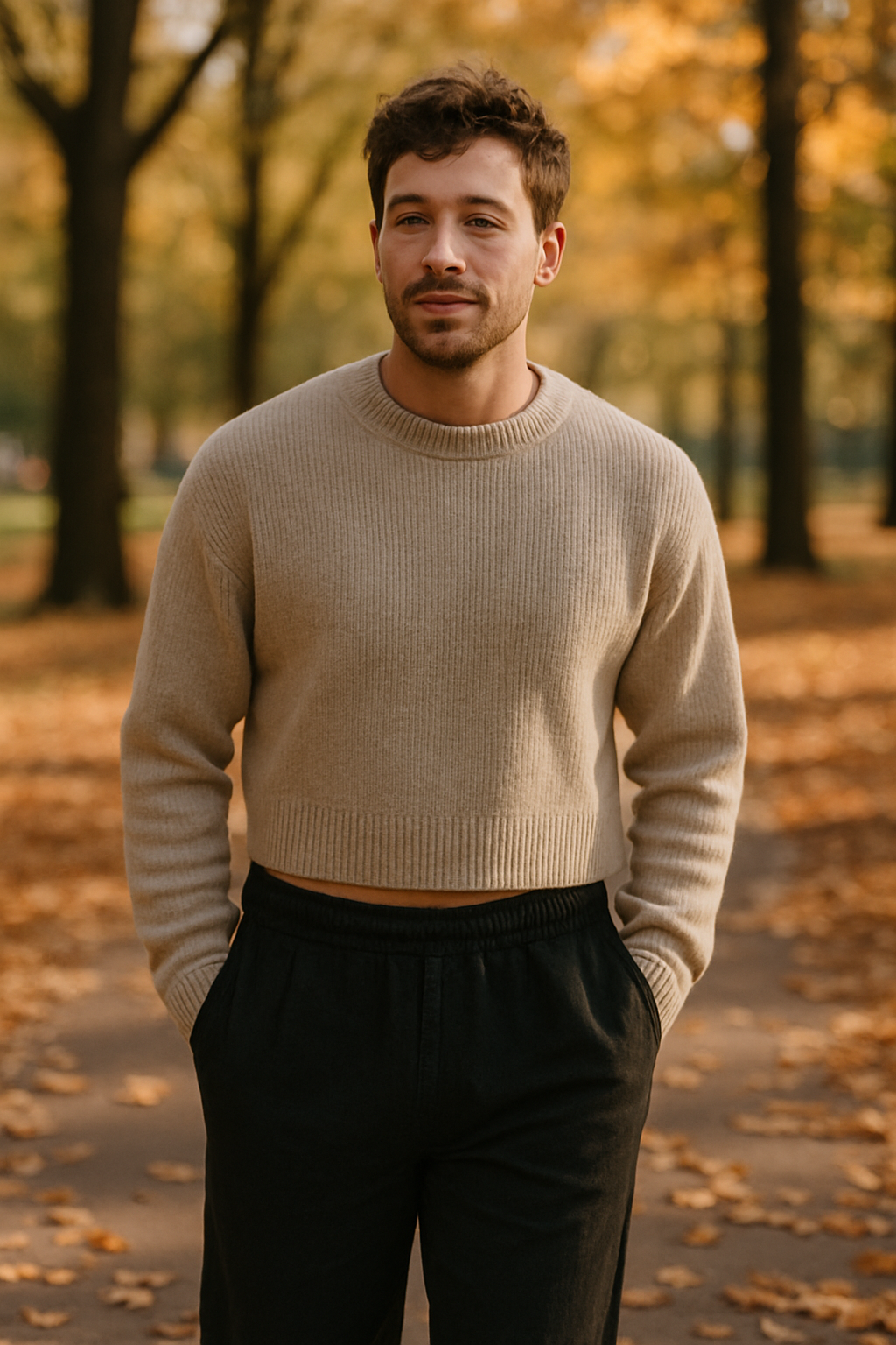 A man wearing a cropped beige sweater and black linen pants, standing in a park during autumn.
