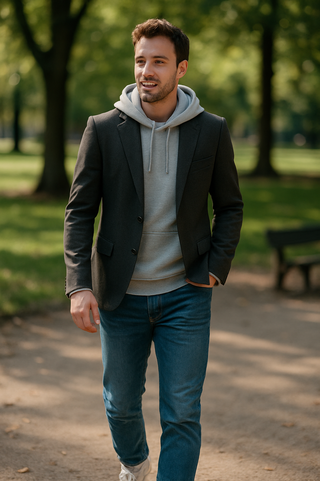 A man walking in a park wearing a dark blazer over a gray hoodie, paired with jeans and sneakers.