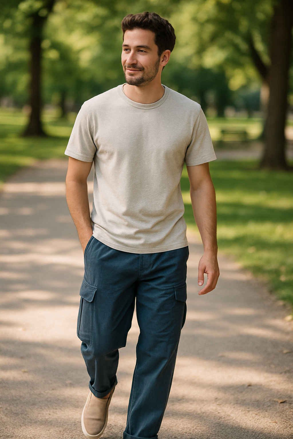 A man walking in a park wearing blue cargo pants and a beige t-shirt.
