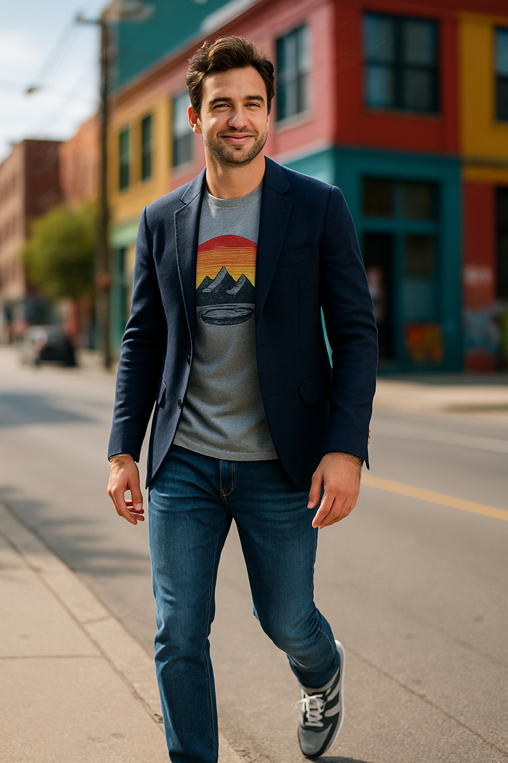 A man walking in a casual navy blue blazer, graphic tee, and sneakers on a colorful street.