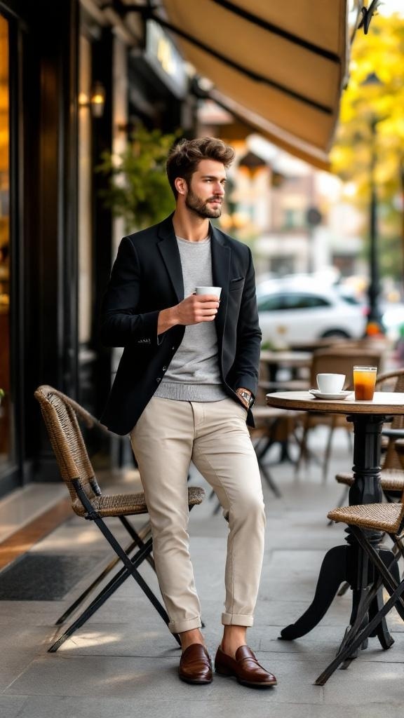 A man wearing a black blazer with a gray sweater and chinos, standing outside a café holding a coffee cup.