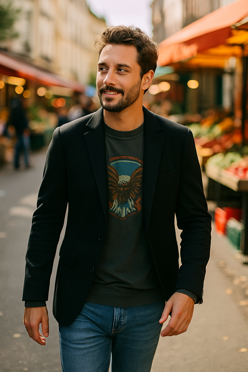 A man wearing a black blazer over a graphic tee, walking through a market.