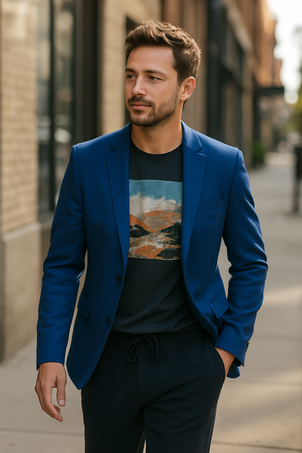 A man wearing a royal blue blazer over a graphic tee, paired with navy pants.