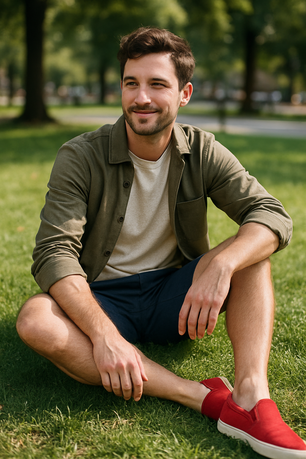 A man sitting on the grass wearing red slip-on shoes, navy shorts, and a light-colored shirt.