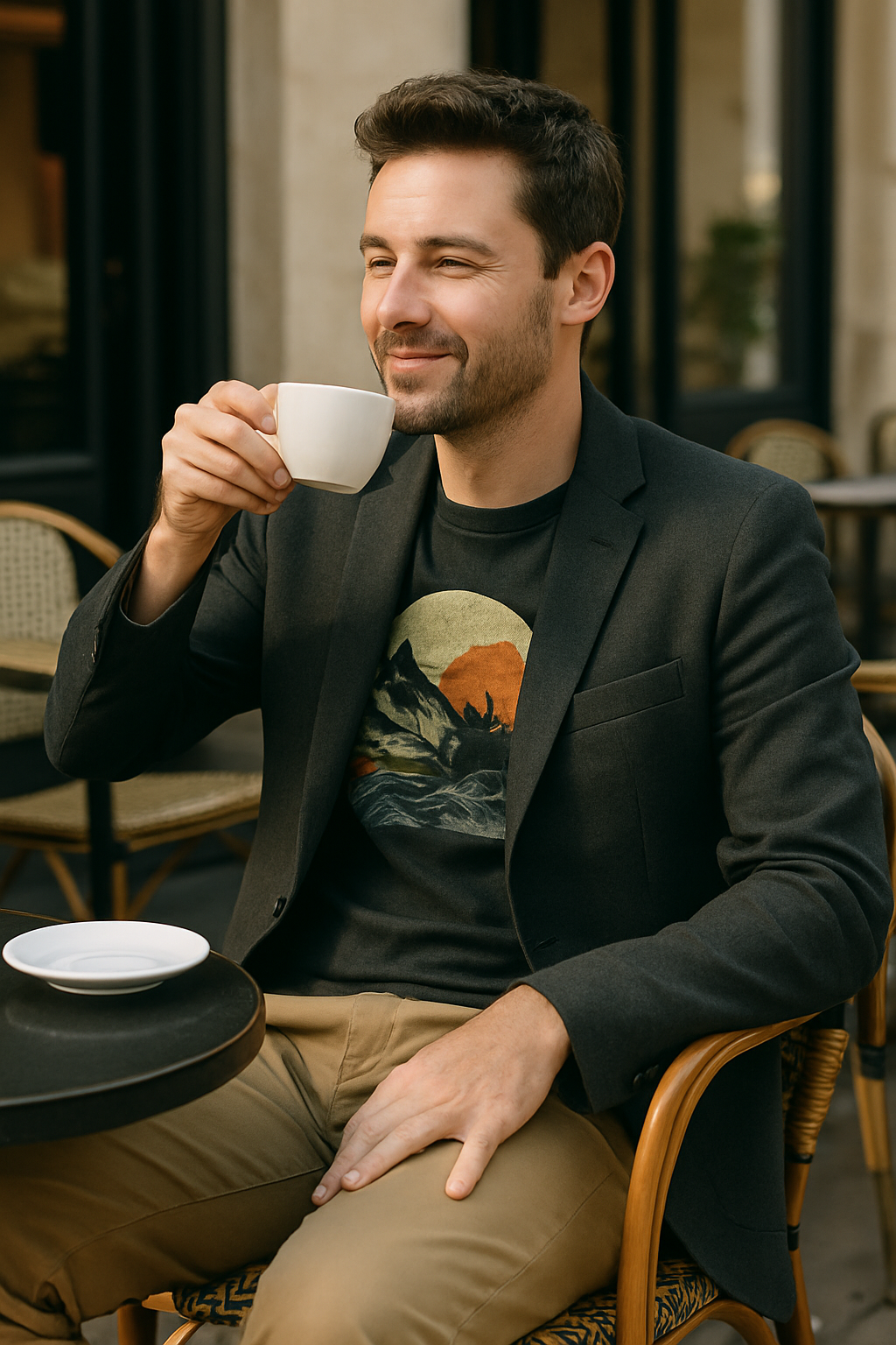 Man wearing a charcoal blazer over a casual tee, enjoying coffee at a cafe.