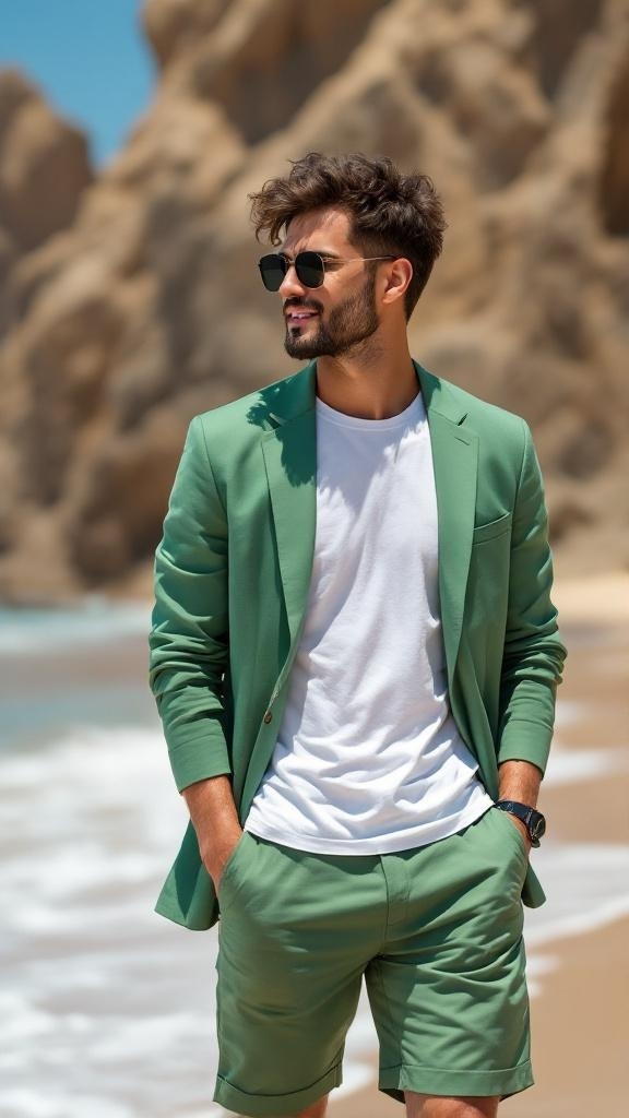 A man wearing a green blazer and matching shorts, standing on a beach with sunglasses.