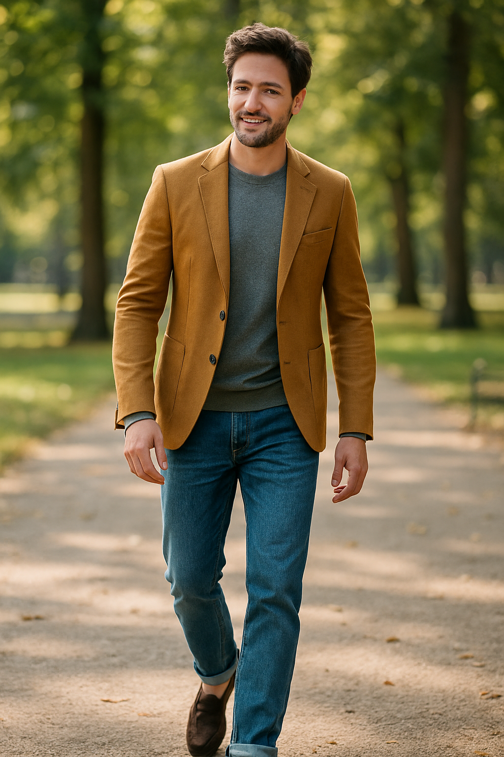 A man wearing a mustard blazer, gray sweater, and blue jeans walking in a park.