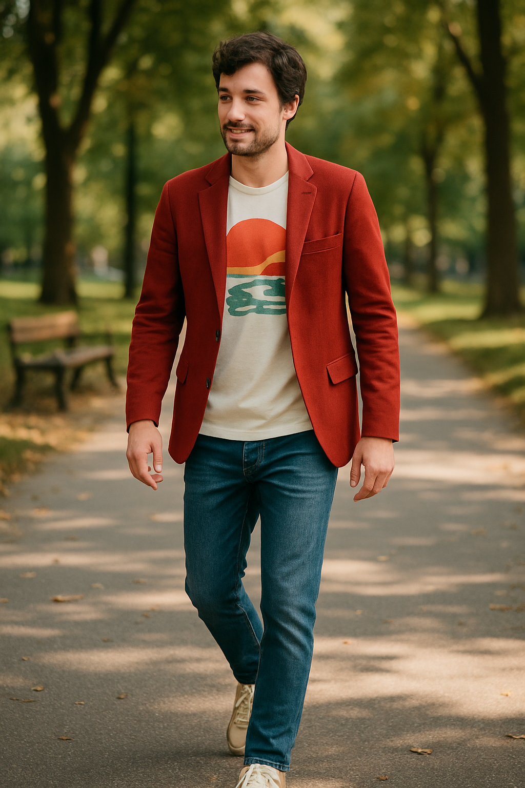 A man wearing a red blazer, graphic tee, and sneakers walking in a park.