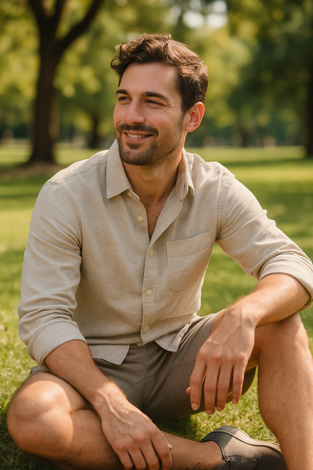 A man in a light button-down shirt and shorts, sitting in a park, enjoying the sunny day.
