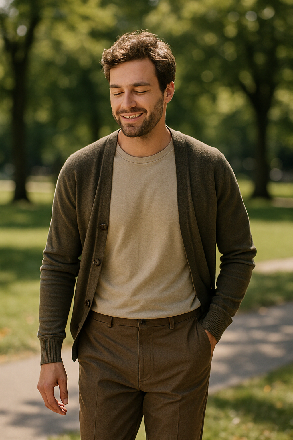 A man smiling while wearing a light t-shirt and cardigan with slacks in a park.