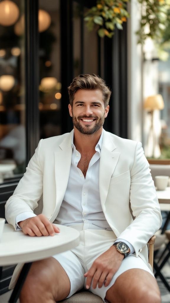A man in a white blazer and shorts sitting at a café, smiling.