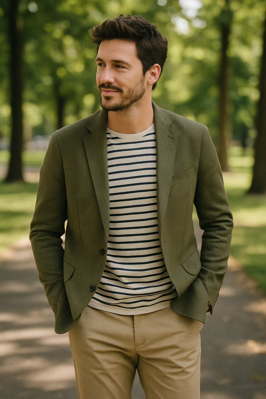 A man wearing an olive blazer over a striped shirt, standing in a park.