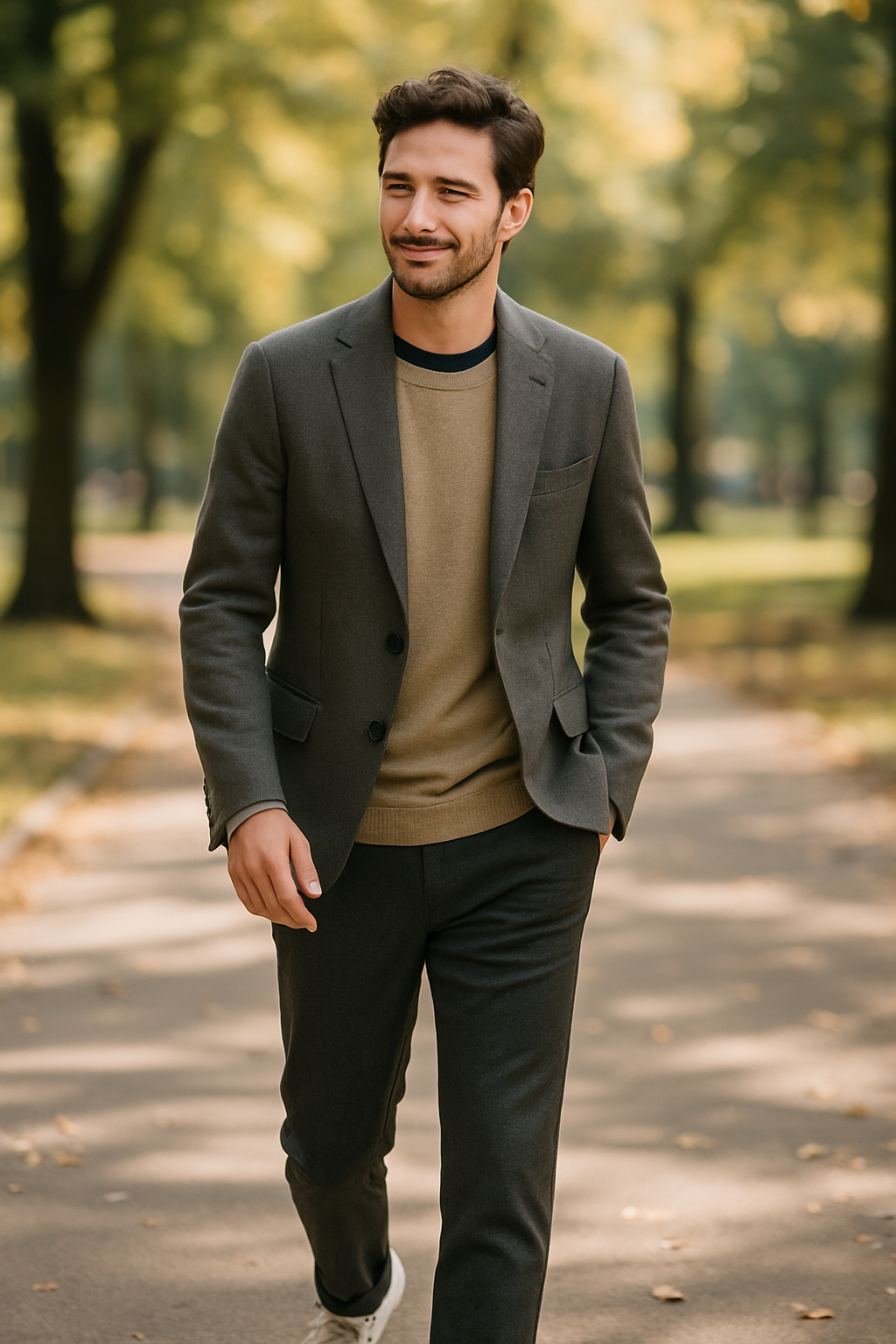 A man wearing a gray blazer, sweater, and sneakers walking in a park