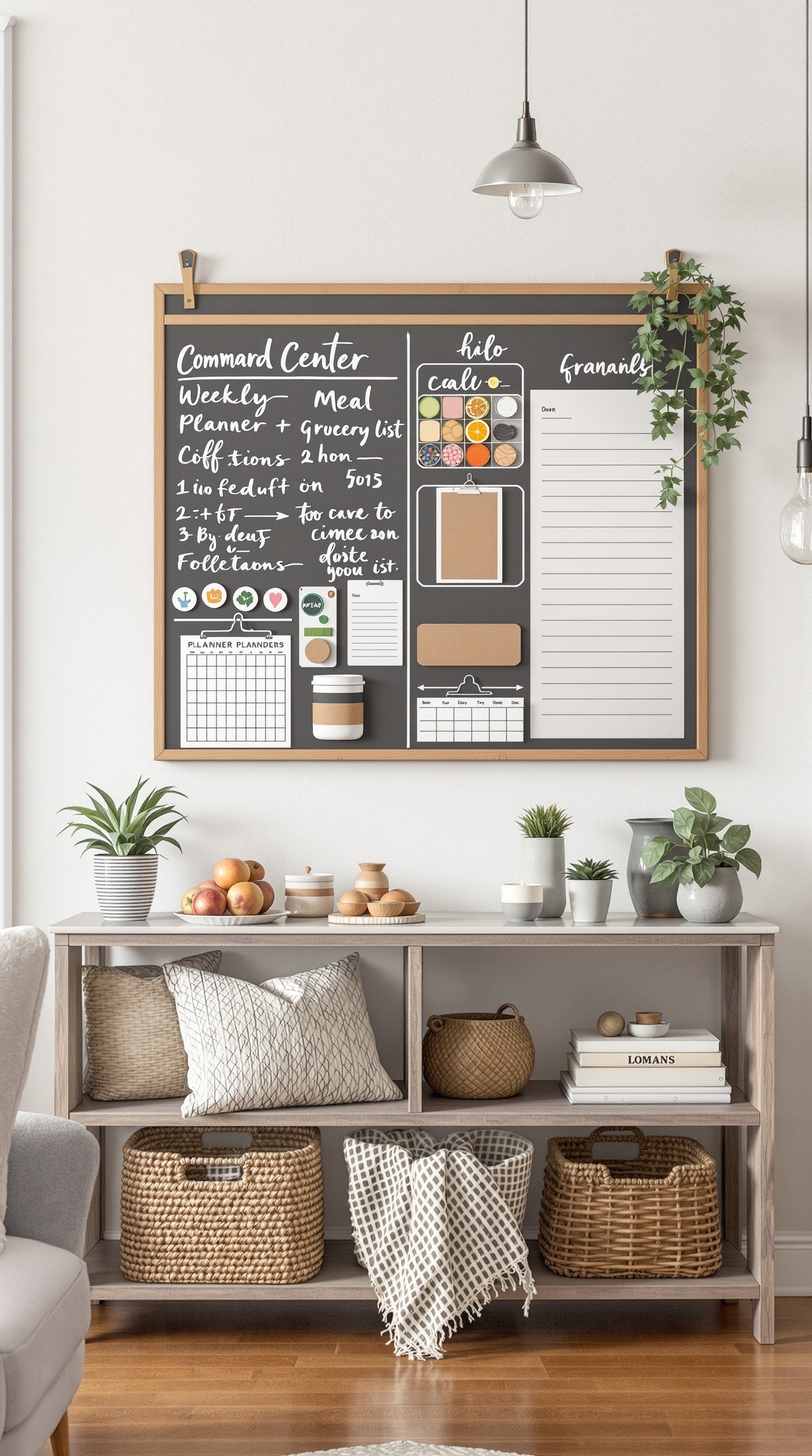 A command center wall featuring a weekly meal planner and grocery list, with colorful notes and a calendar.