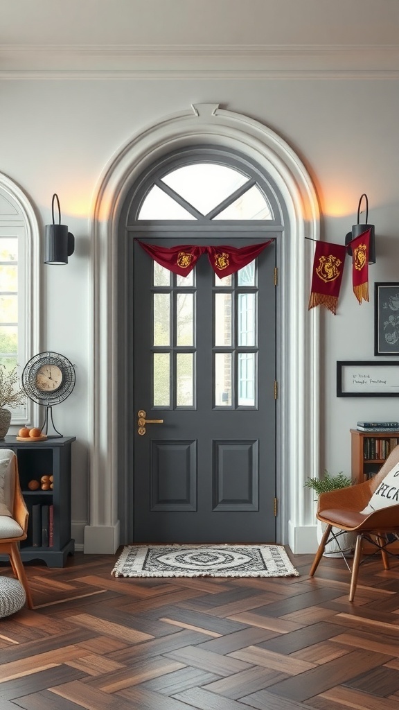 A door decorated with Gryffindor banners, creating a Hogwarts theme.
