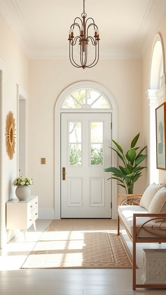 A serene foyer with neutral walls, a cozy bench, a console table, and a potted plant.