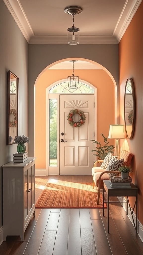 A small foyer with warm orange walls, a cozy chair, and decorative elements.