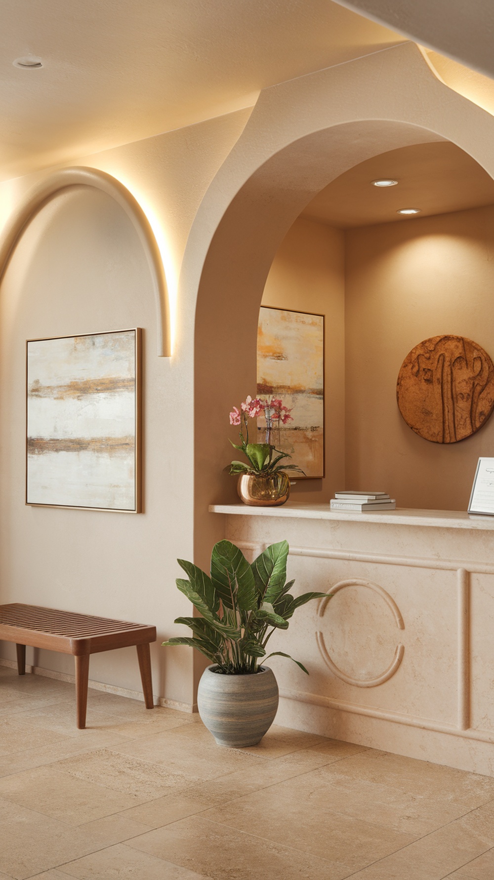 A welcoming therapist office entrance with soft lighting, artwork, and plants.