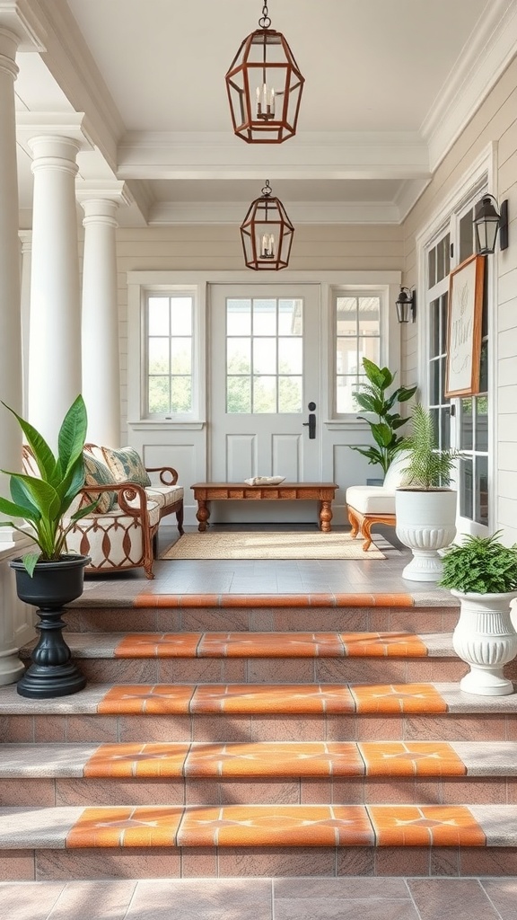 A welcoming porch with steps leading to a front door, featuring potted plants, seating, and lanterns.