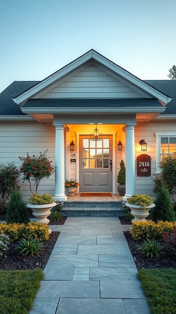 Welcoming entryway with a front door, columns, and flower beds