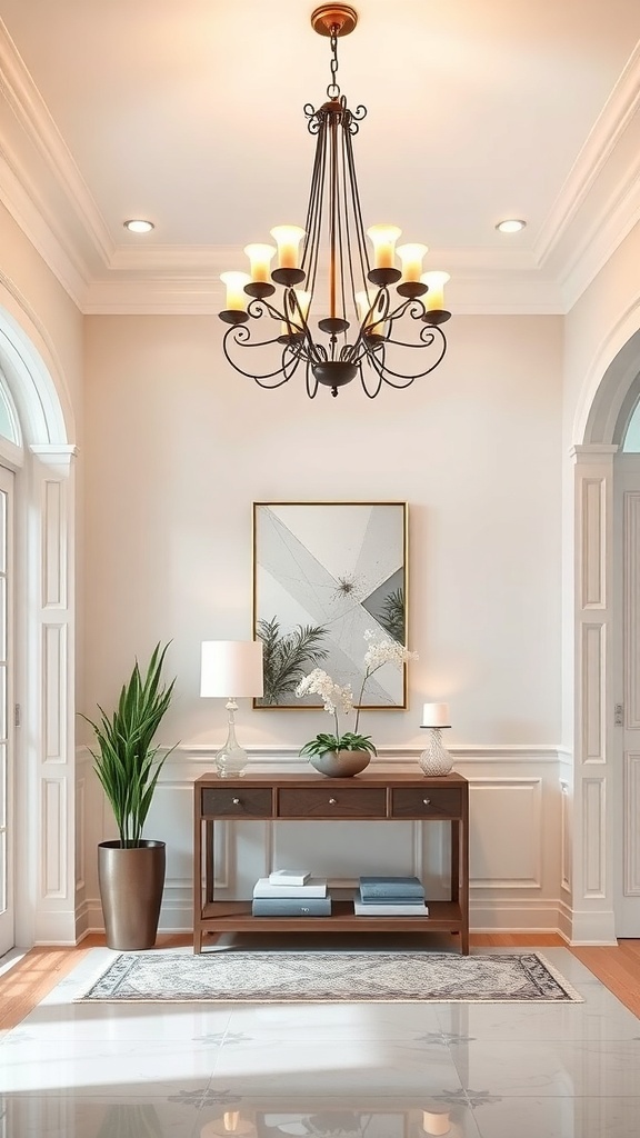 A welcoming foyer featuring a chandelier, console table, and potted plant.