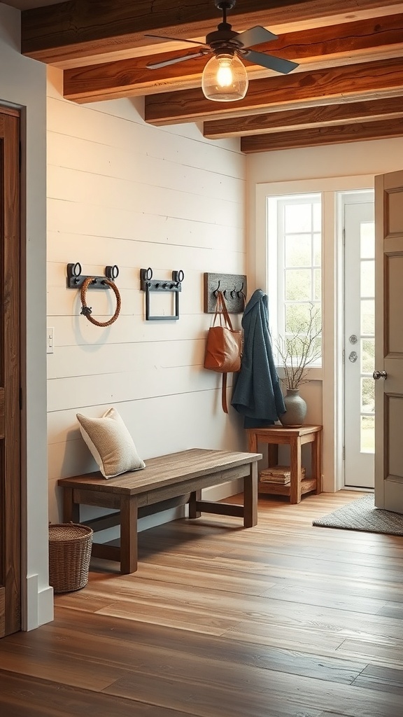 A rustic entryway featuring a wooden bench, wall hooks, and natural light from large windows.